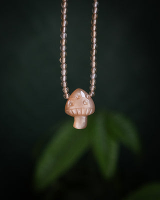 Peach Moonstone Hand Carved Toadstool & Natural Citrine Beaded Necklace