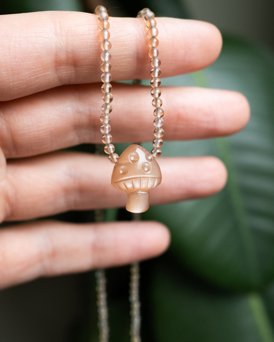 Peach Moonstone Hand Carved Toadstool & Natural Citrine Beaded Necklace