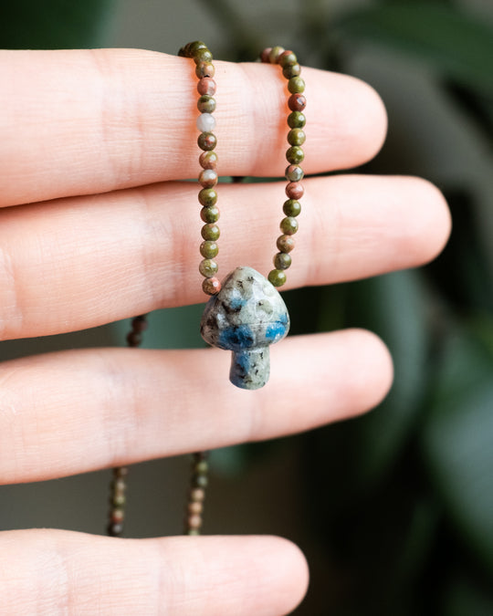 K2 Hand Carved Toadstool & Unakite Beaded Necklace