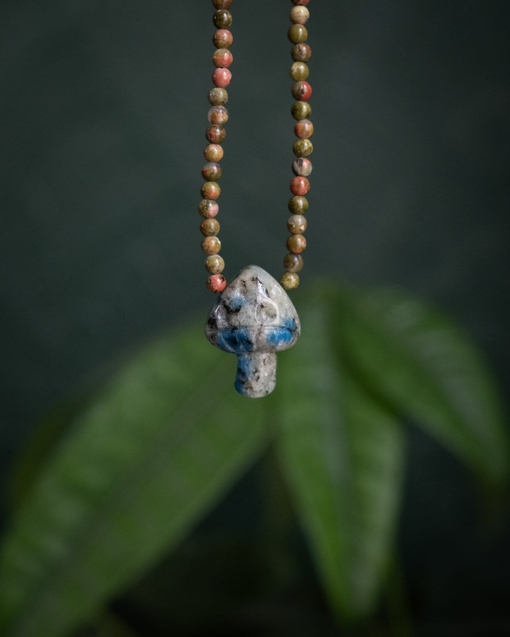 K2 Hand Carved Toadstool & Unakite Beaded Necklace