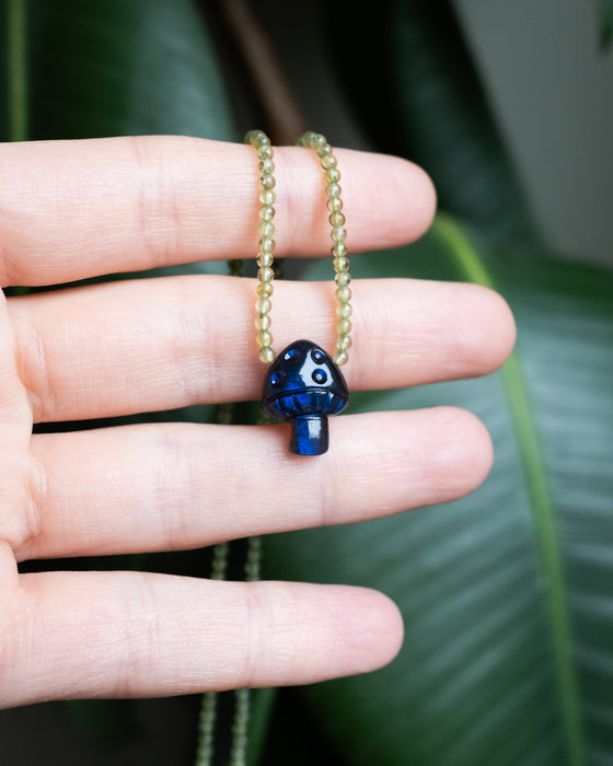 Midnight Blue Labradorite Hand Carved Toadstool & Peridot Beaded Necklace