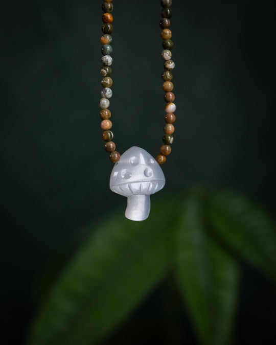 White Moonstone Hand Carved Toadstool & Rainforest Jasper Beaded Necklace