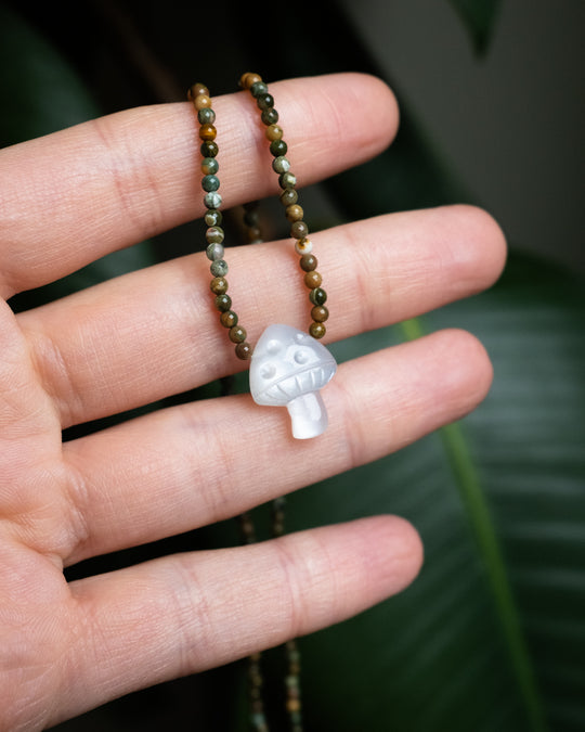 White Moonstone Hand Carved Toadstool & Rainforest Jasper Beaded Necklace