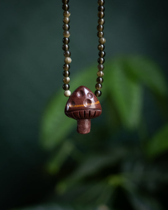 Kaleidoscope Jasper Hand Carved Toadstool & Gold Sheen Obsidian Beaded Necklace