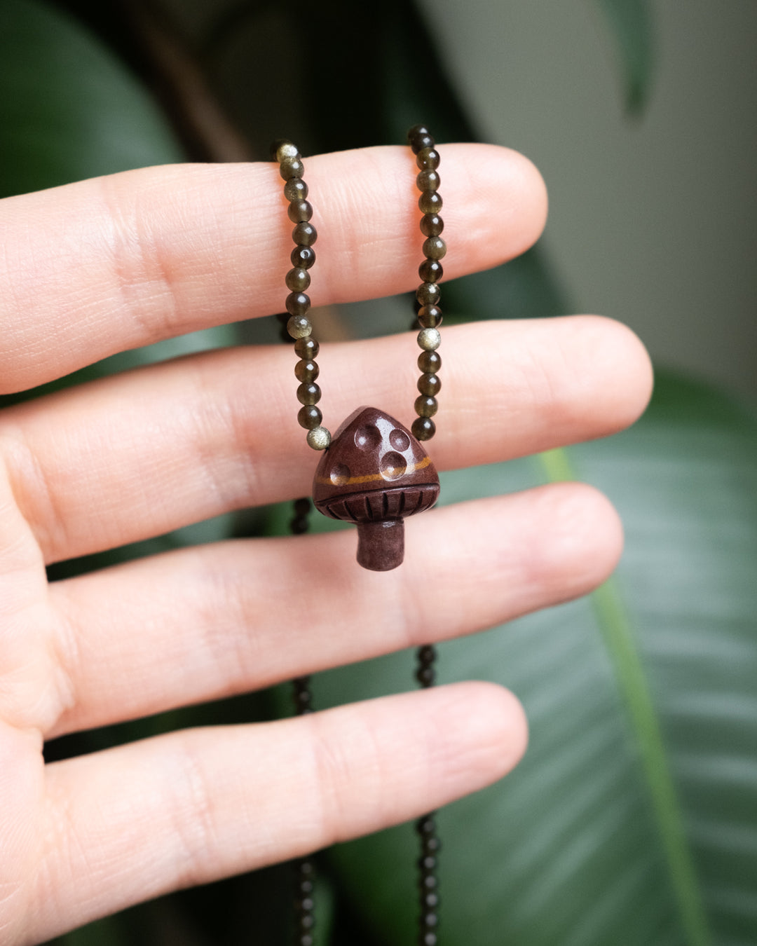 Kaleidoscope Jasper Hand Carved Toadstool & Gold Sheen Obsidian Beaded Necklace