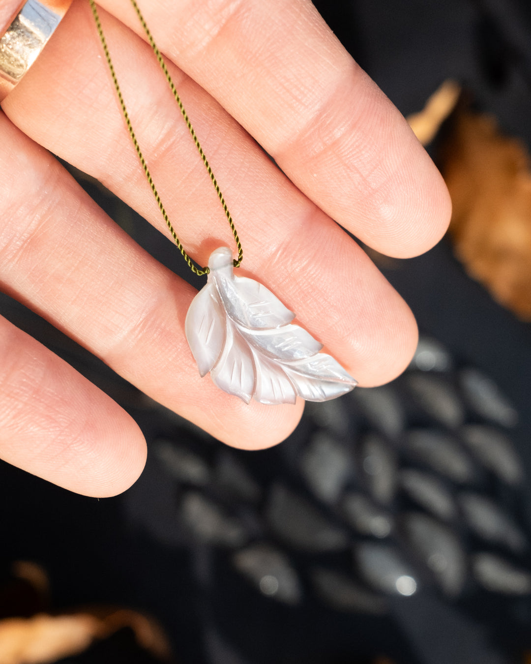 Black Moonstone Hand Carved Vegan Silk Leaf Necklace