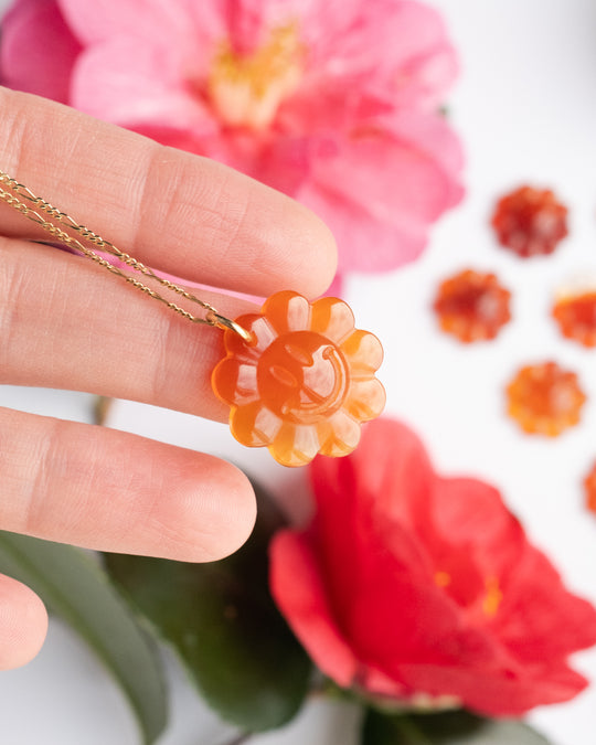 Carnelian Hand Carved Groovy Flower Necklace