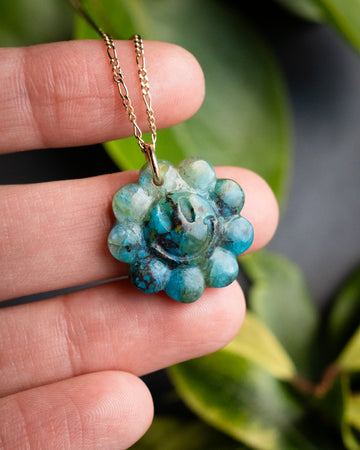 Rainbow Chrysocolla Hand Carved Groovy Flower Necklace