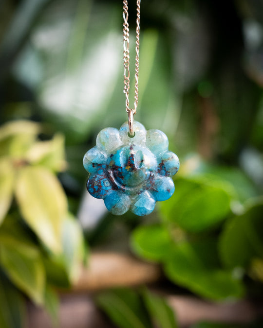 Rainbow Chrysocolla Hand Carved Groovy Flower Necklace