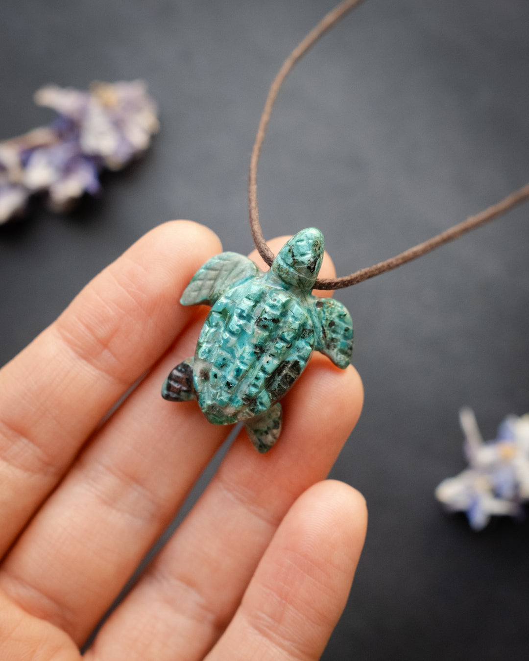 Small Rainbow Chrysocolla Hand Carved Leatherback Sea Turtle Necklace