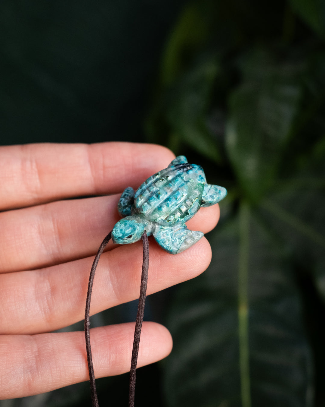 Small Rainbow Chrysocolla Hand Carved Leatherback Sea Turtle Necklace