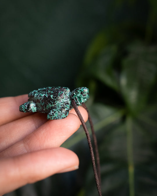 Small Rainbow Chrysocolla Hand Carved Leatherback Sea Turtle Necklace