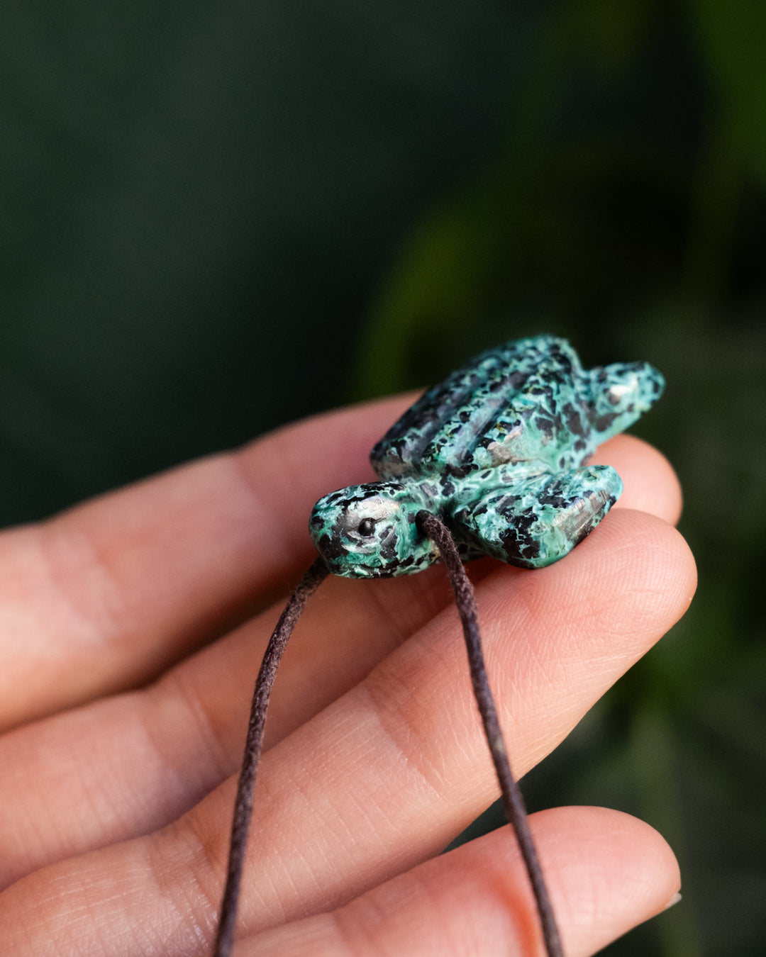 Small Rainbow Chrysocolla Hand Carved Leatherback Sea Turtle Necklace