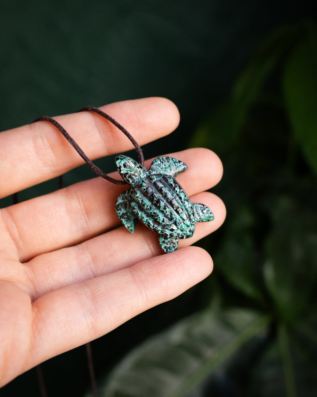 Small Rainbow Chrysocolla Hand Carved Leatherback Sea Turtle Necklace