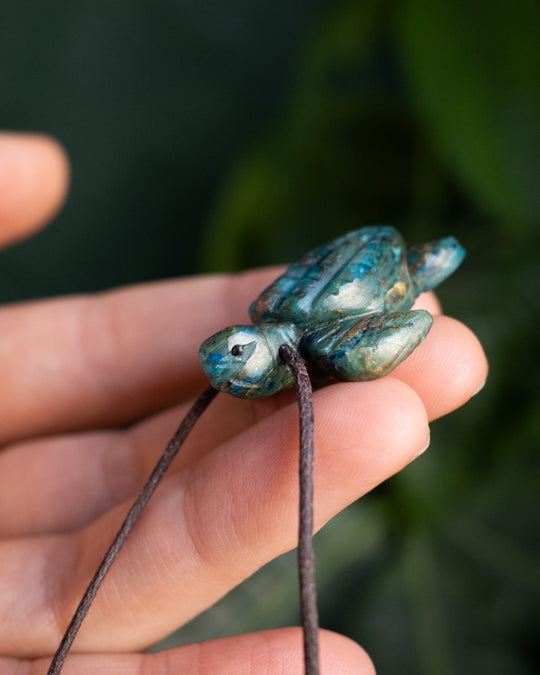 Small Rainbow Chrysocolla Hand Carved Leatherback Sea Turtle Necklace