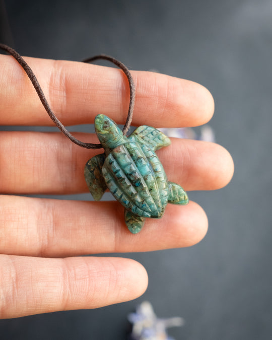 Small Rainbow Chrysocolla Hand Carved Leatherback Sea Turtle Necklace