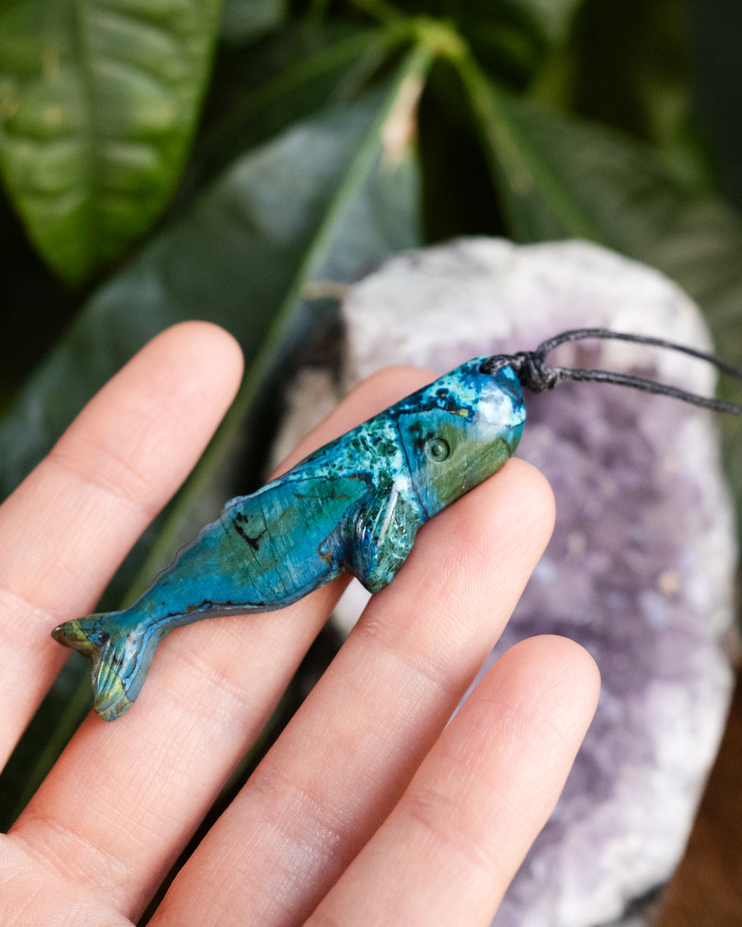 Rainbow Chrysocolla Hand Carved Sperm Whale Necklace