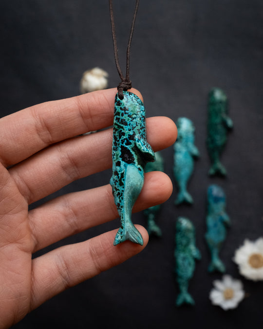 Rainbow Chrysocolla Hand Carved Sperm Whale Necklace