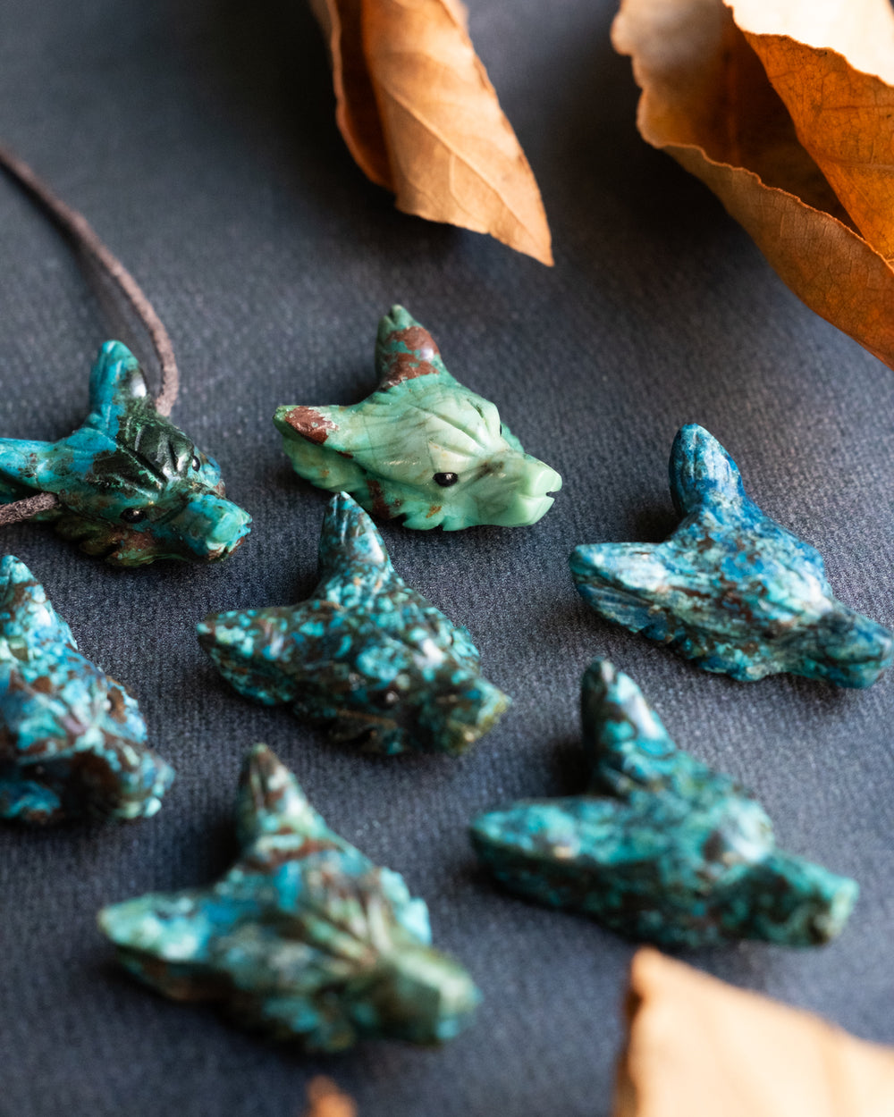 Small Rainbow Chrysocolla Hand Carved Wolf Necklace