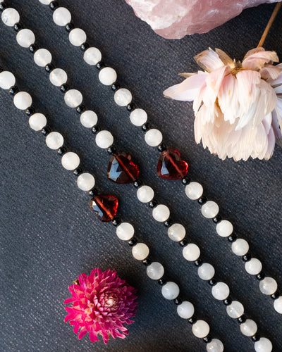 Mozambique Garnet Heart, Moonstone & Black Spinel Beaded Bracelet