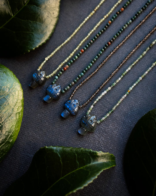 Blue Labradorite Hand Carved Toadstool Beaded Necklace