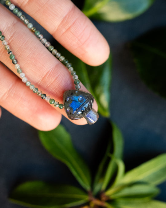 Blue Labradorite Hand Carved Toadstool Beaded Necklace