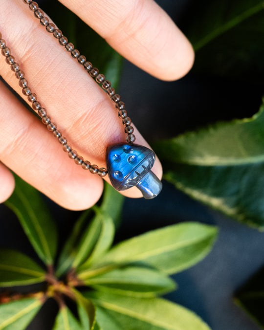 Blue Labradorite Hand Carved Toadstool Beaded Necklace