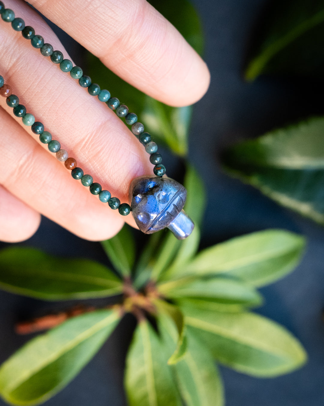 Blue Labradorite Hand Carved Toadstool Beaded Necklace