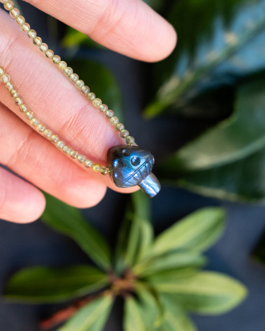 Blue Labradorite Hand Carved Toadstool Beaded Necklace