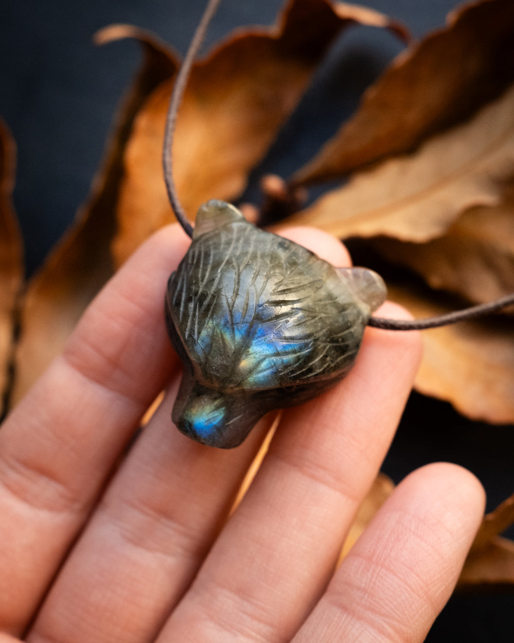 Labradorite Hand Carved Bear Necklace