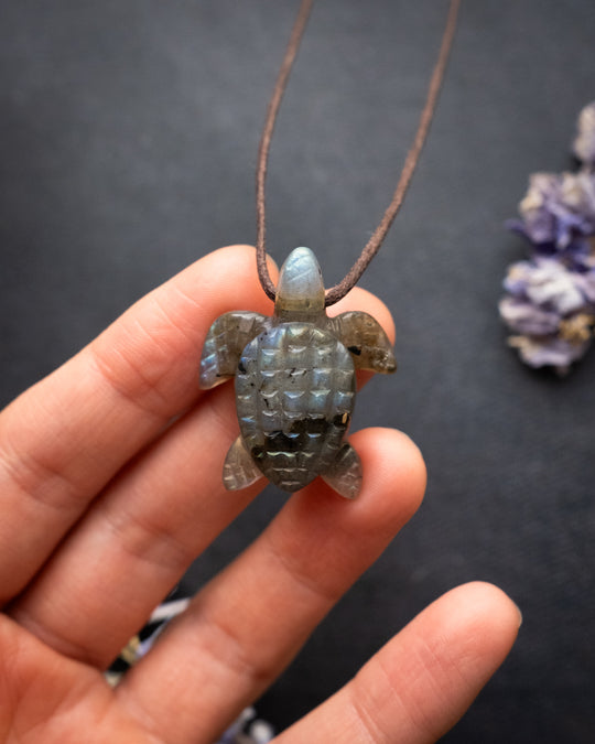 Small Labradorite Hand Carved Leatherback Sea Turtle Necklace