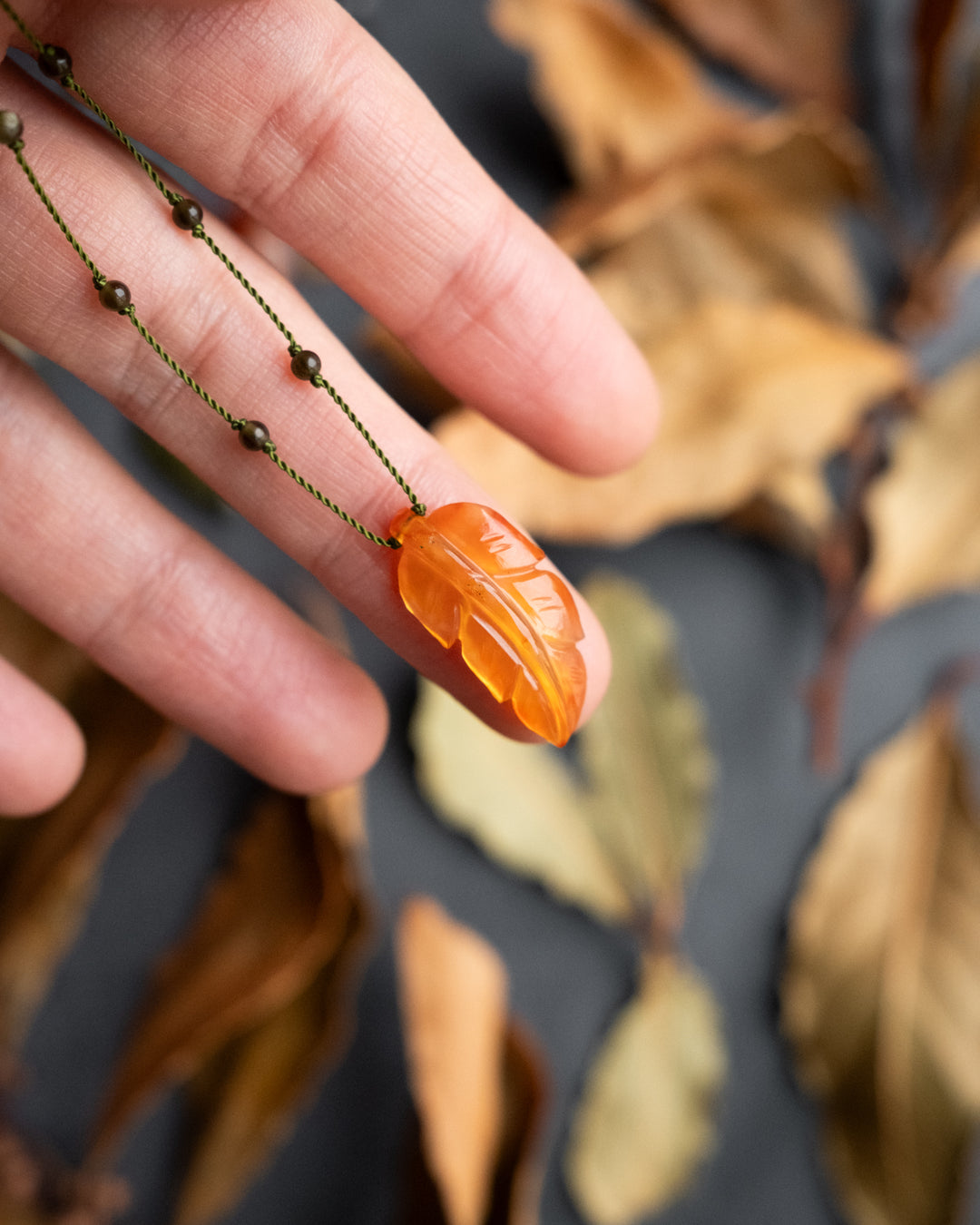 Hand Carved Leaf Beaded Necklace