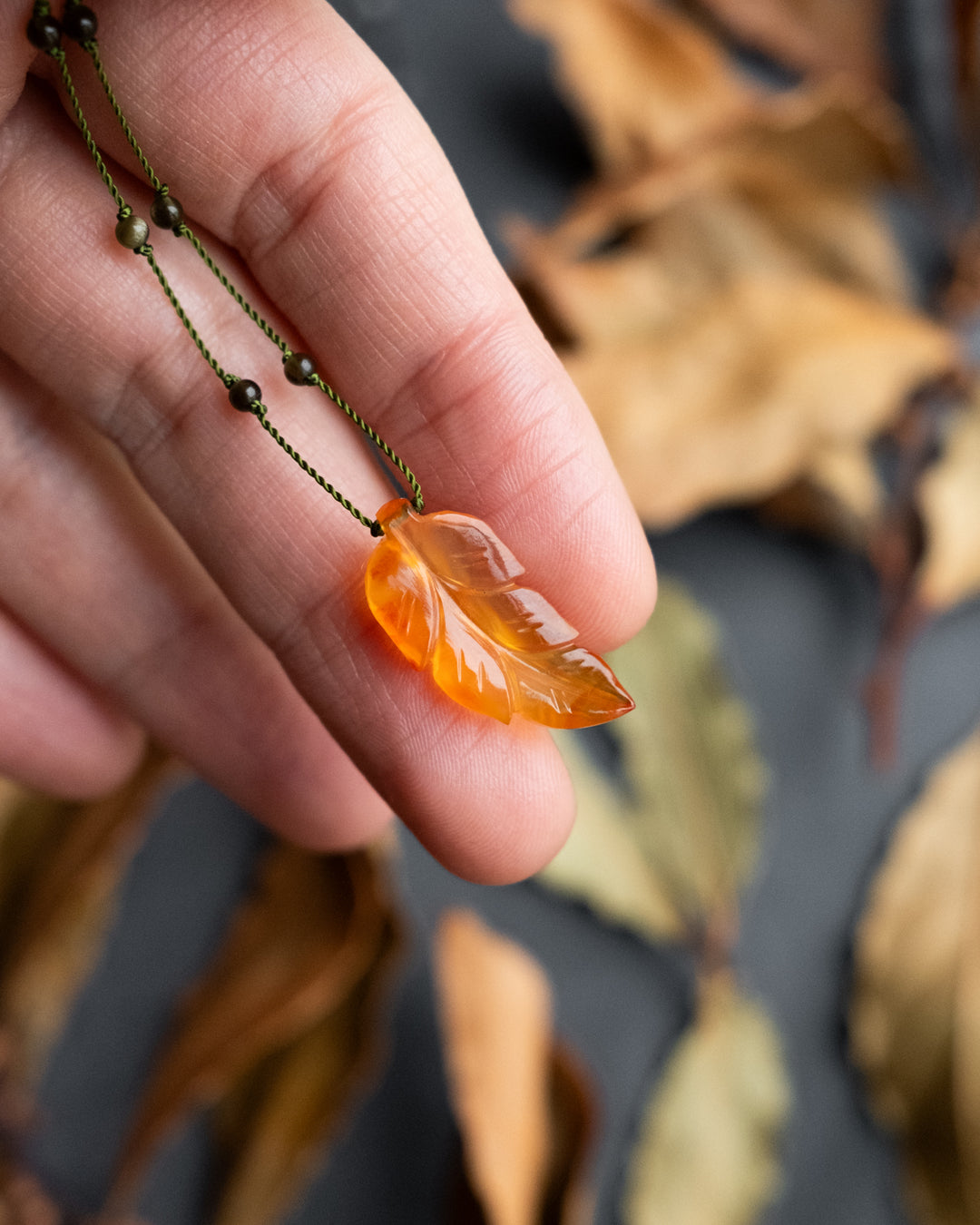 Hand Carved Leaf Beaded Necklace