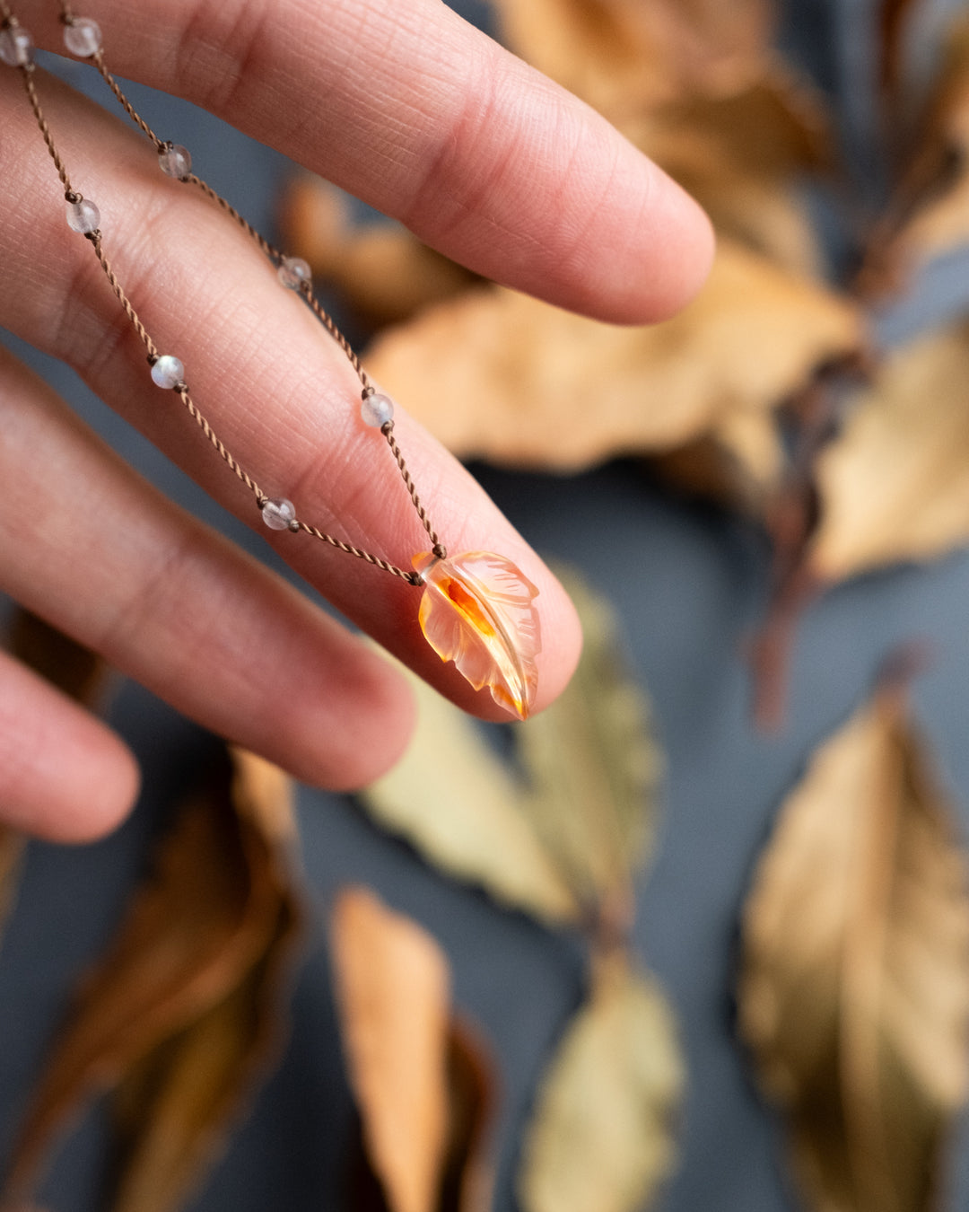 Hand Carved Leaf Beaded Necklace