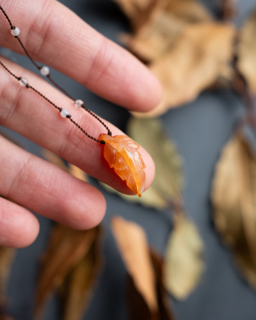 Hand Carved Leaf Beaded Necklace