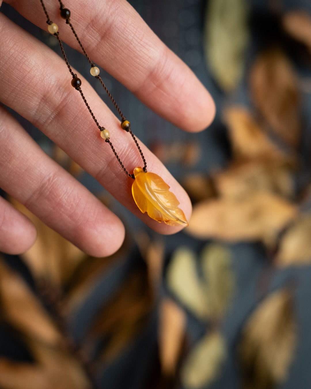 Hand Carved Leaf Beaded Necklace