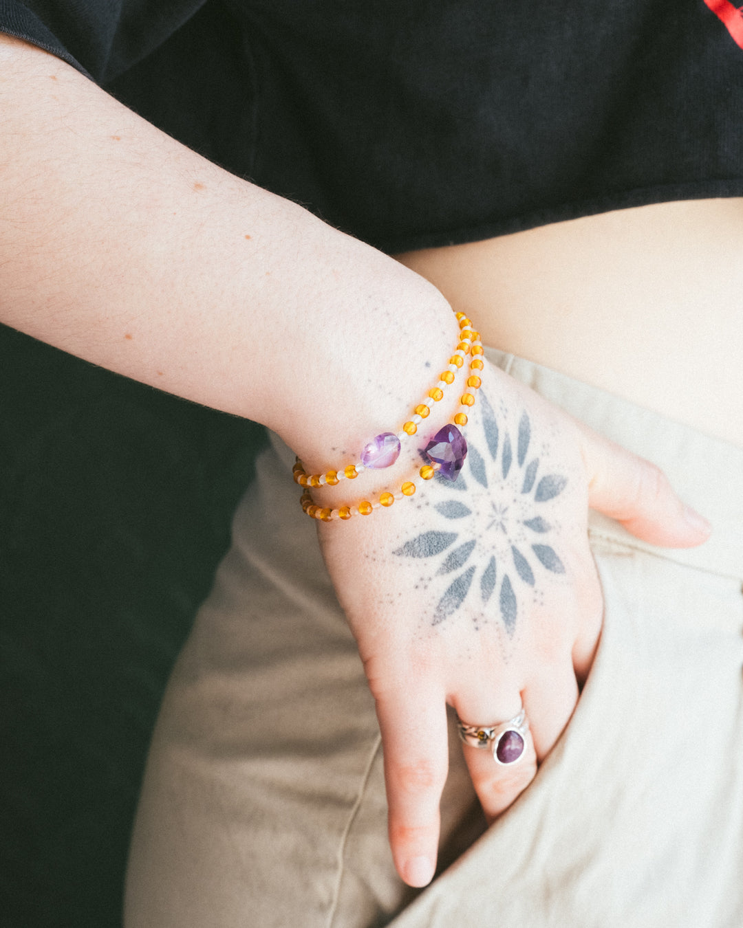 Amethyst Butterfly, Amber & Moss Agate 9ct Gold Beaded Bracelet