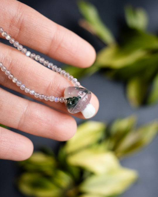 Moss Agate Hand Carved Toadstool Beaded Necklace