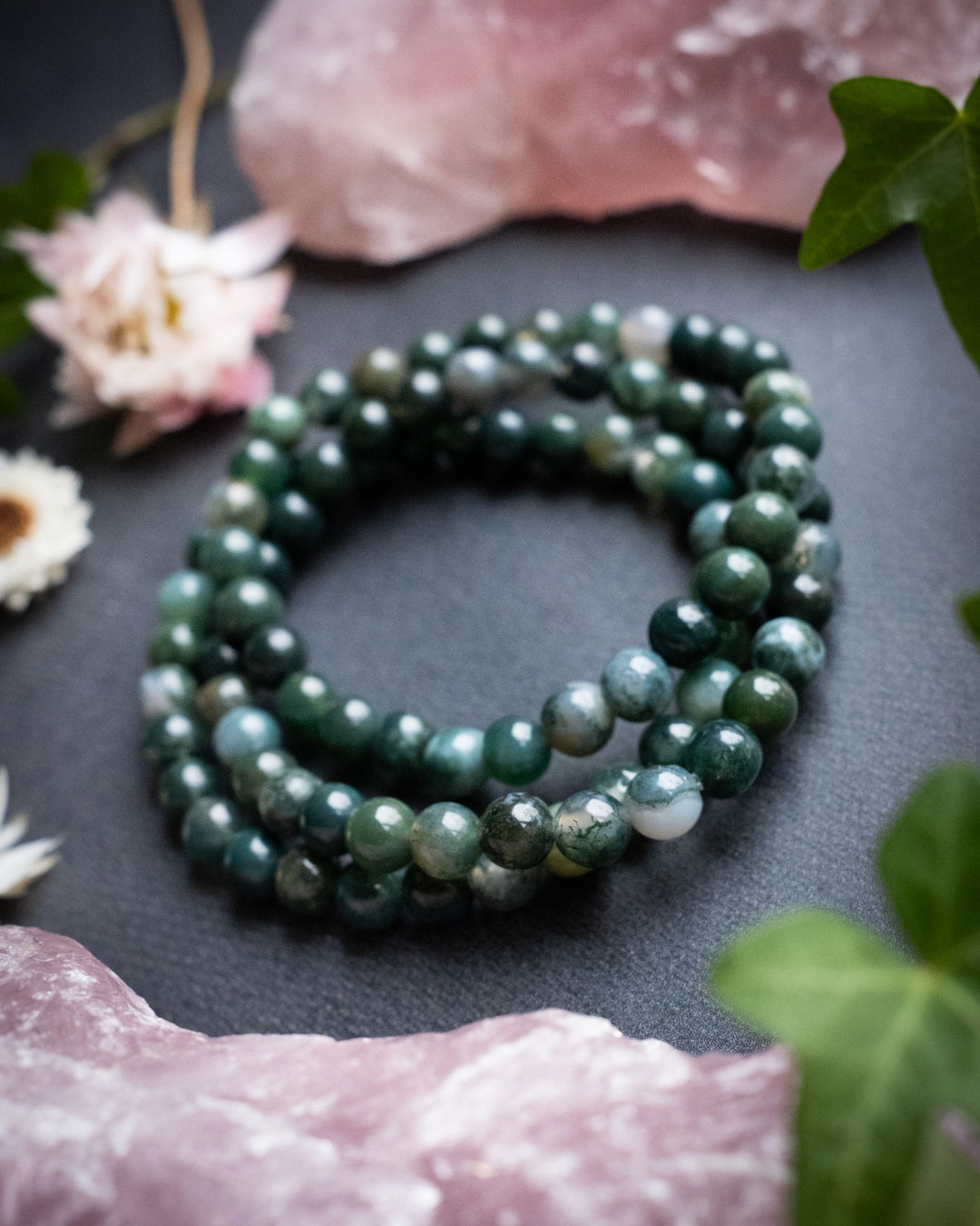 Moss Agate Round Bead Bracelet 6mm