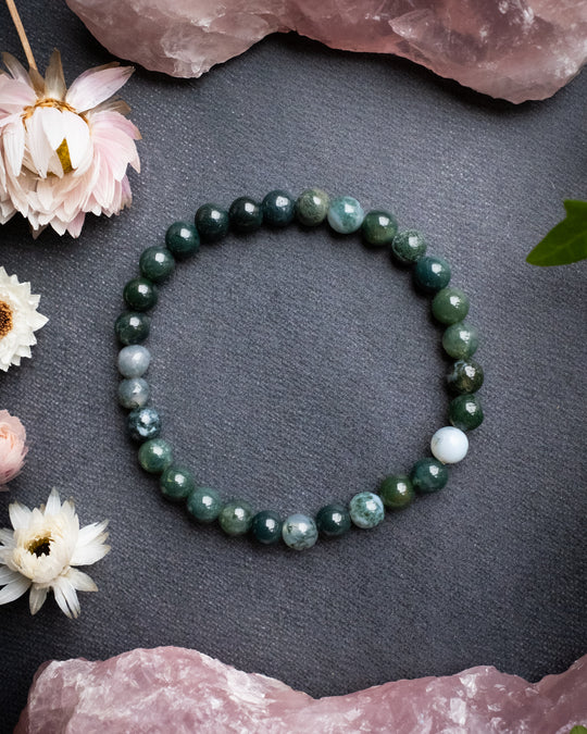 Moss Agate Round Bead Bracelet 6mm