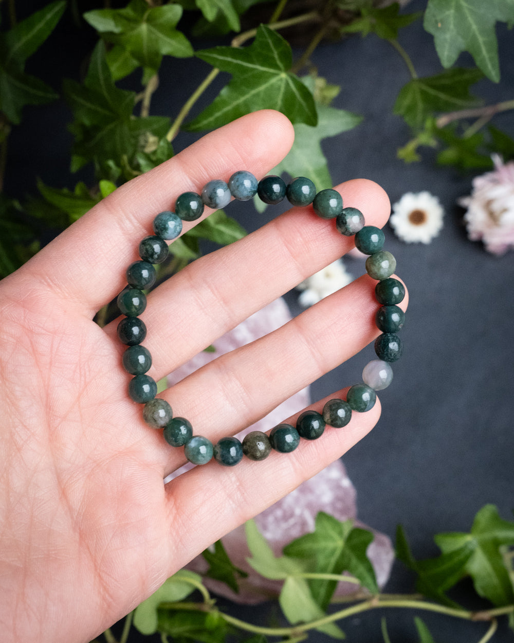 Moss Agate Round Bead Bracelet 6mm