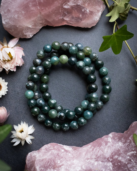 Moss Agate Round Bead Bracelet 8mm