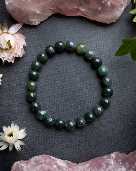 Moss Agate Round Bead Bracelet 8mm