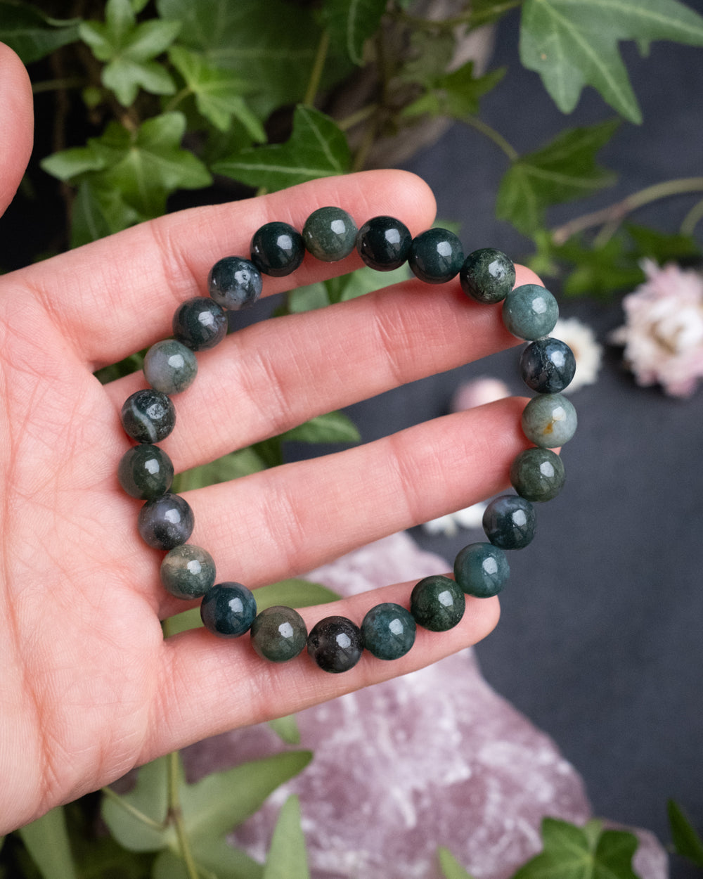 Moss Agate Round Bead Bracelet 8mm