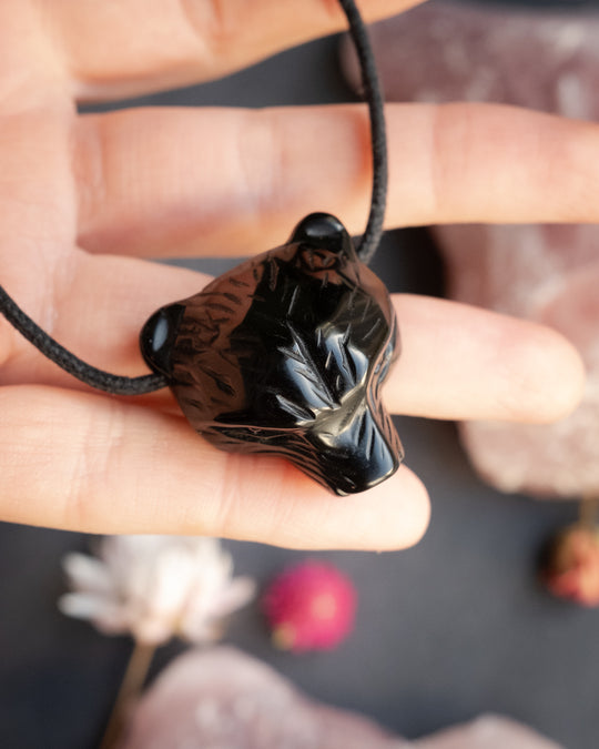 Obsidian Hand Carved Bear Necklace