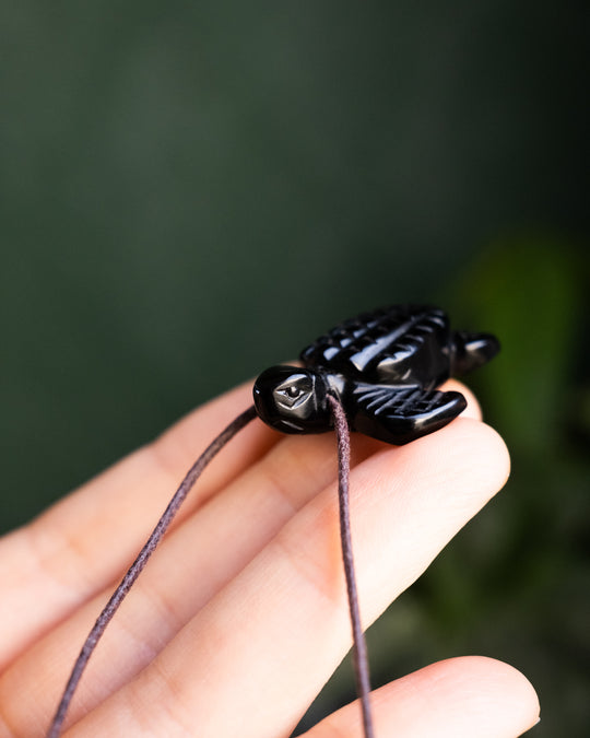 Small Obsidian Hand Carved Leatherback Sea Turtle Necklace