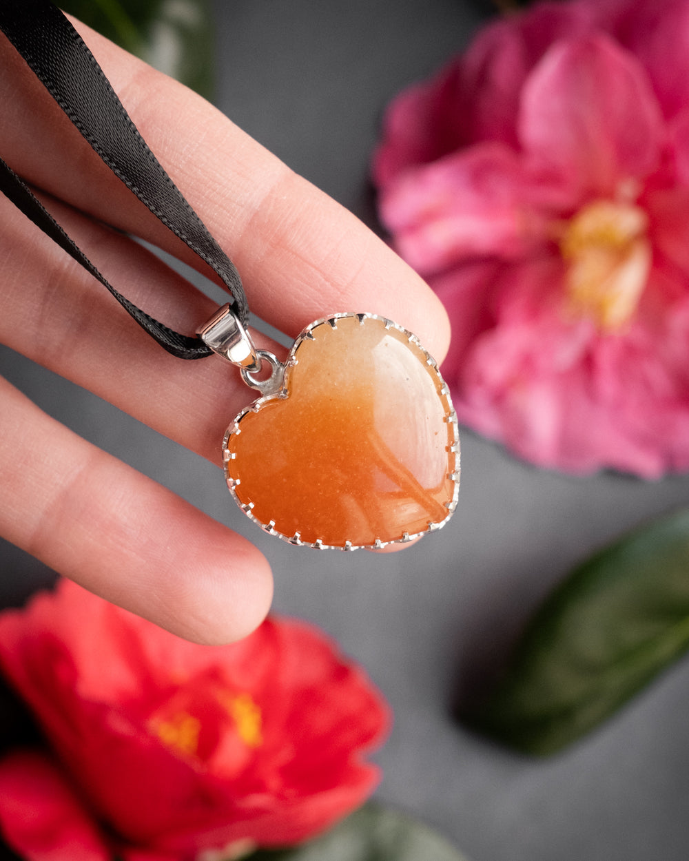 Orange Aventurine Heart Sterling Silver Gallery Necklace