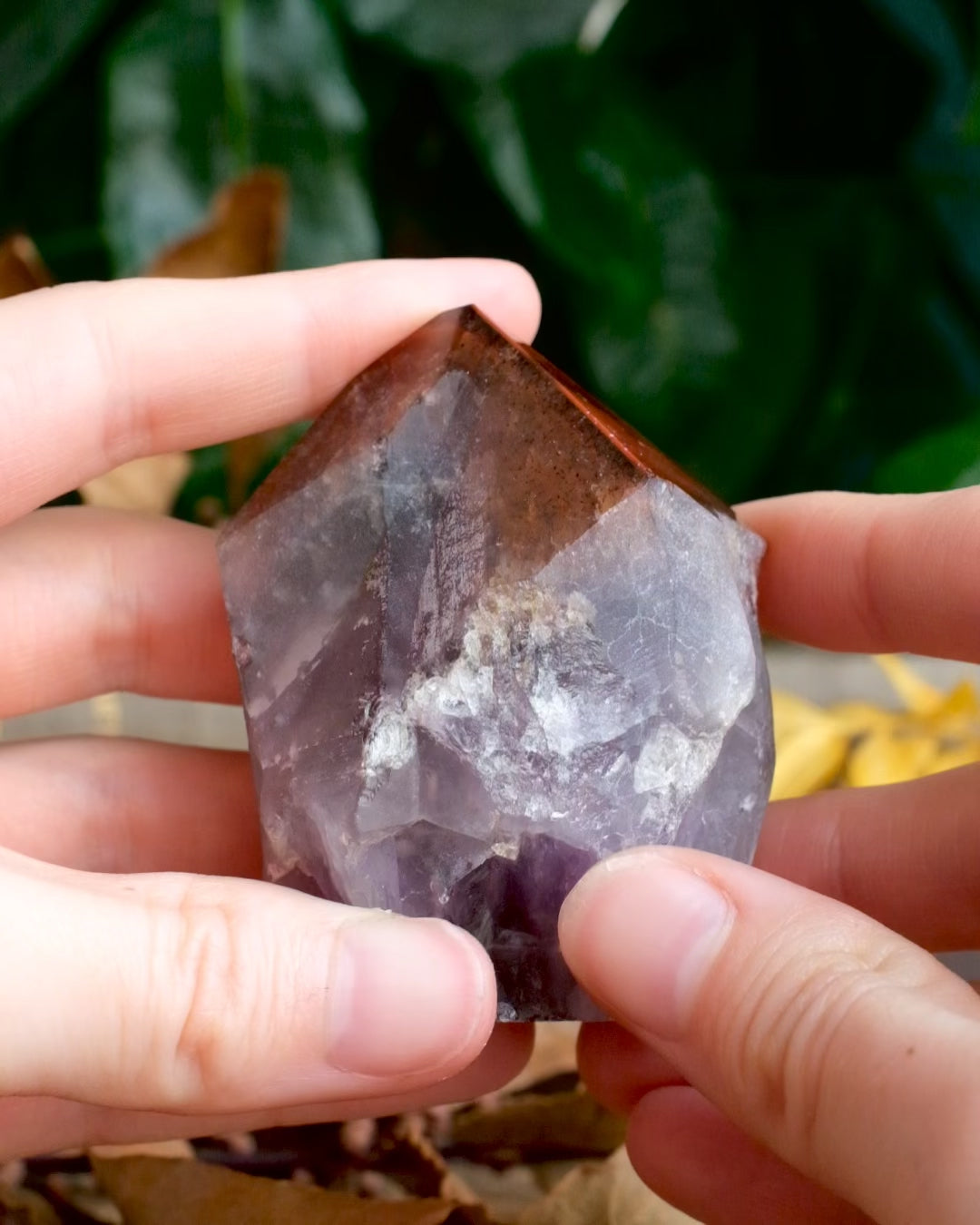 Amethyst with Cacoxenite Polished Point Raw Crystal