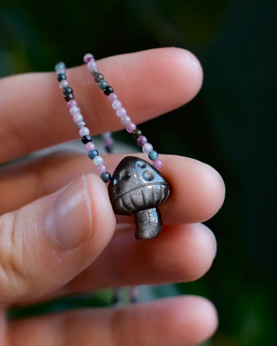 Silver Sheen Obsidian Hand Carved Toadstool Beaded Necklace