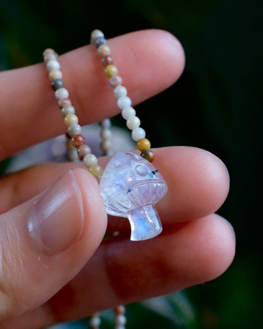 Rainbow Moonstone Hand Carved Toadstool Beaded Necklace